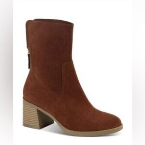 SUN STONE Brown Stretch Lyraa Round Toe Block Heel Zip-Up Booties